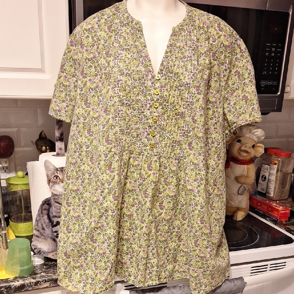 d  Woman Within Green and Purple Casual Button Down Shirt - Picture 1 of 5